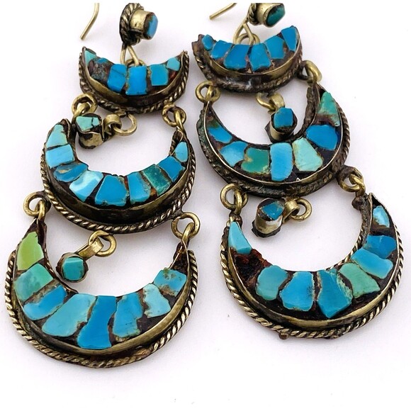 Vintage to Antique Tibetan Silver Turquoise Inlay Earrings Big Beautiful 3" Drop - Picture 5 of 6